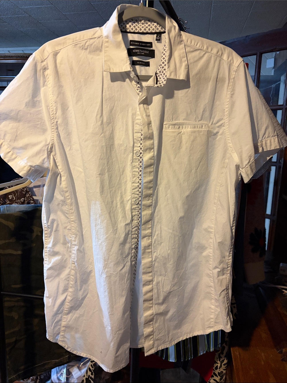 Kenneth Cole White Short-Sleeve Button-Down with Patterned Trim